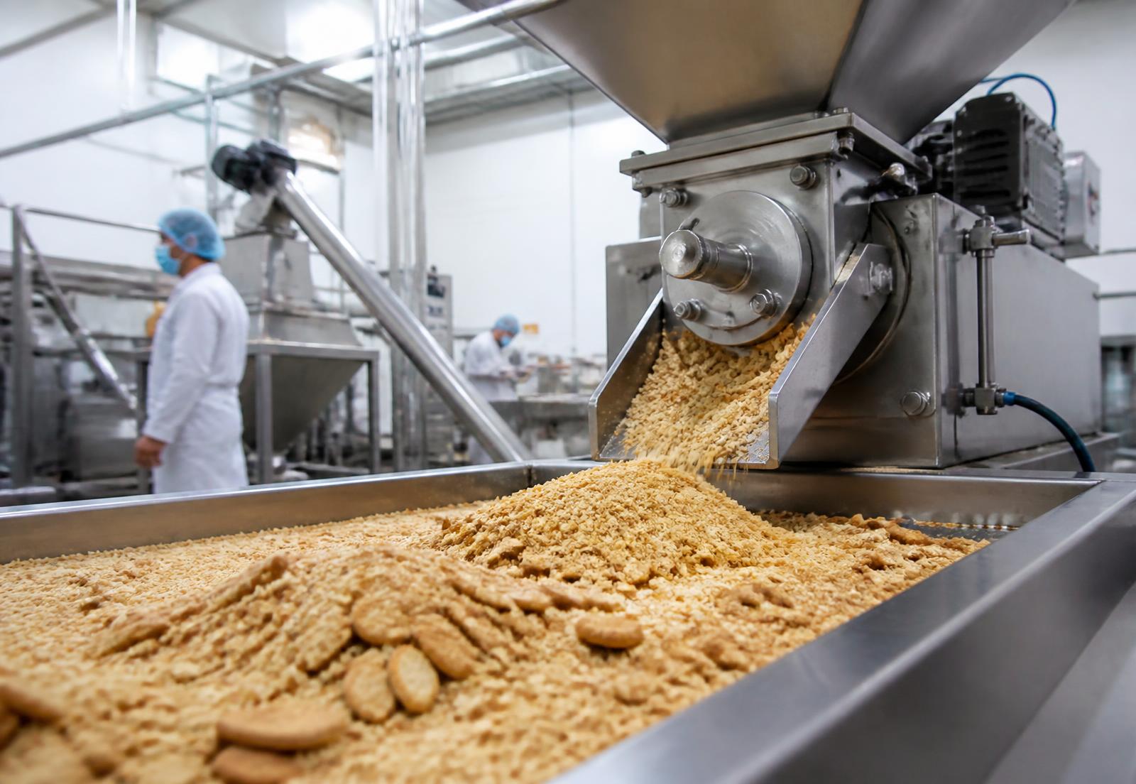 Bakery by-products being processed on stainless steel grinding machinery