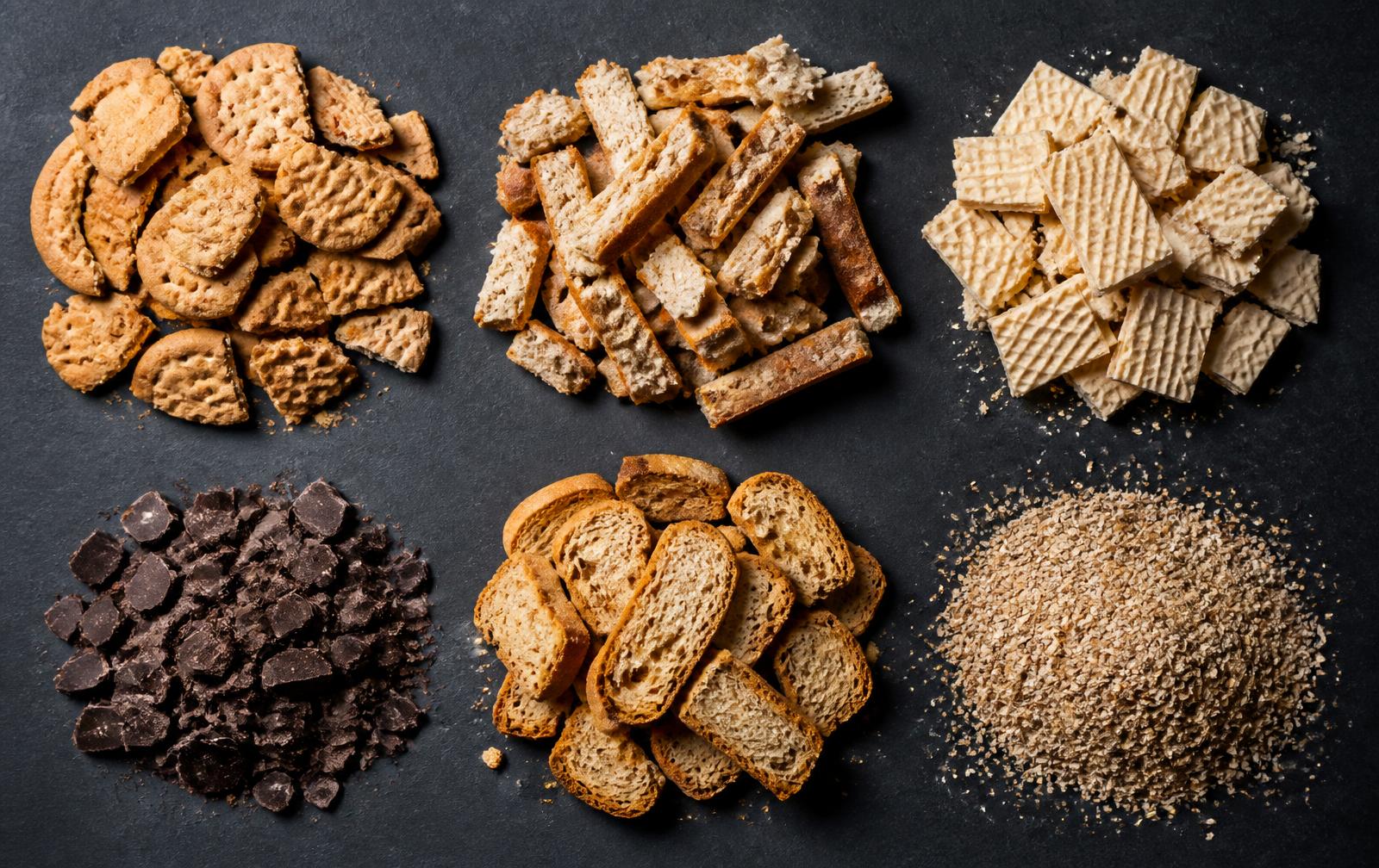 Bakery by-products including biscuits, bread, wafers, chocolate and wheat bran