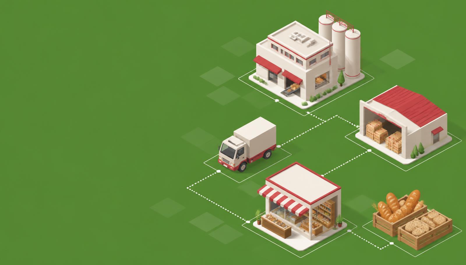 Isometric illustration of the food surplus supply chain: factory, warehouse depot, collection truck, supermarket and bakery crates connected by dotted routes